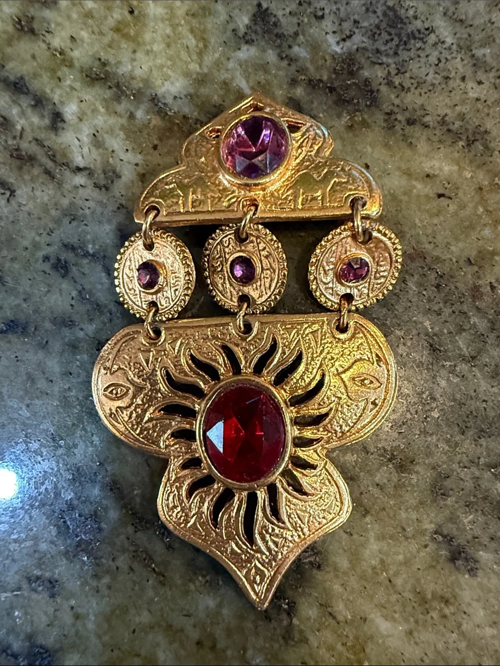 Gold-Tone Pendant with Red and Purple Gem Accents